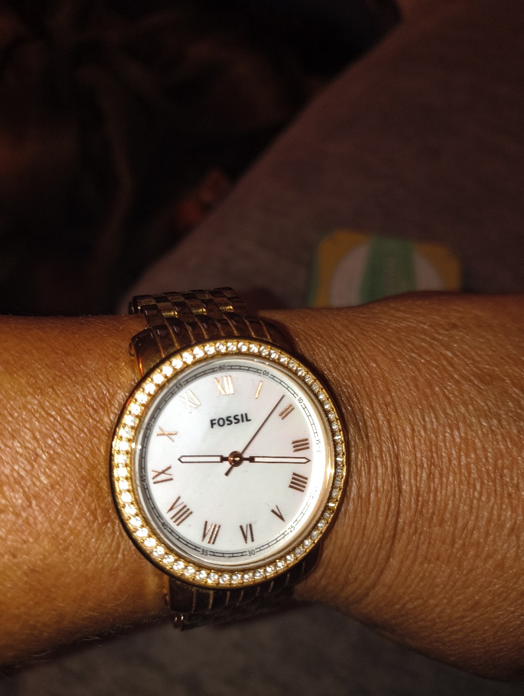 Fossil Gold Tone Watch With White Dial And Crystal Bezel